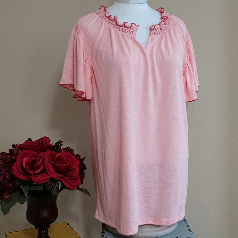 NEW Coral Tunic Top Flowy Flutter Sleeve Two Tone Ruffle Women St. John's Bay XL